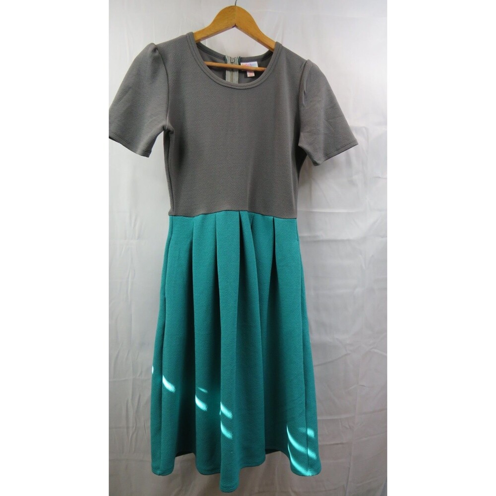 Lularoe Amelia Dress Women’s XS Green Teal Gray Color Block Textured Stretch